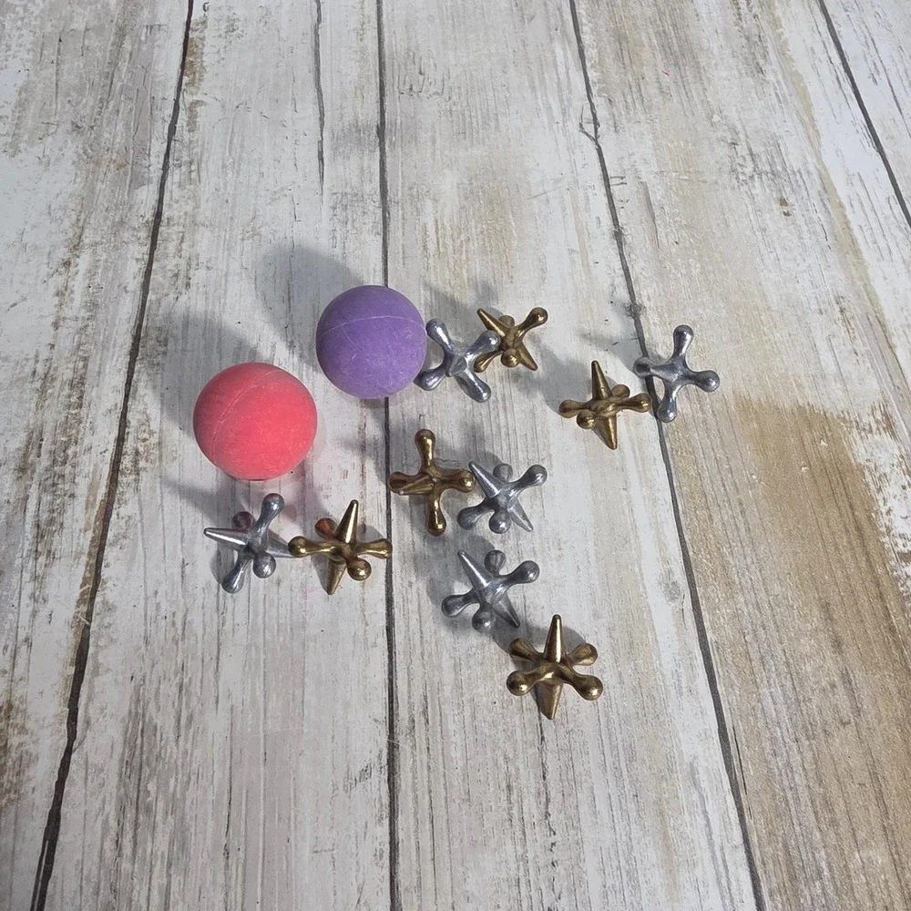 Vintage Style Metal Jacks Game 10 Gold Silver Jacks 2 Rubber Balls Pink Purple